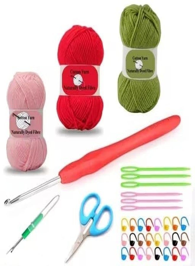 Dodhar Crochet Kit for Beginners, Complete Starter Set with 3 Cotton Yarn Balls, Ergonomic Crochet Hooks, Scissors, Yarn Needles & Stitch Markers - DIY Crochet Supplies for Kids, Adults & Beginners (3 yarn kit) - Image 1